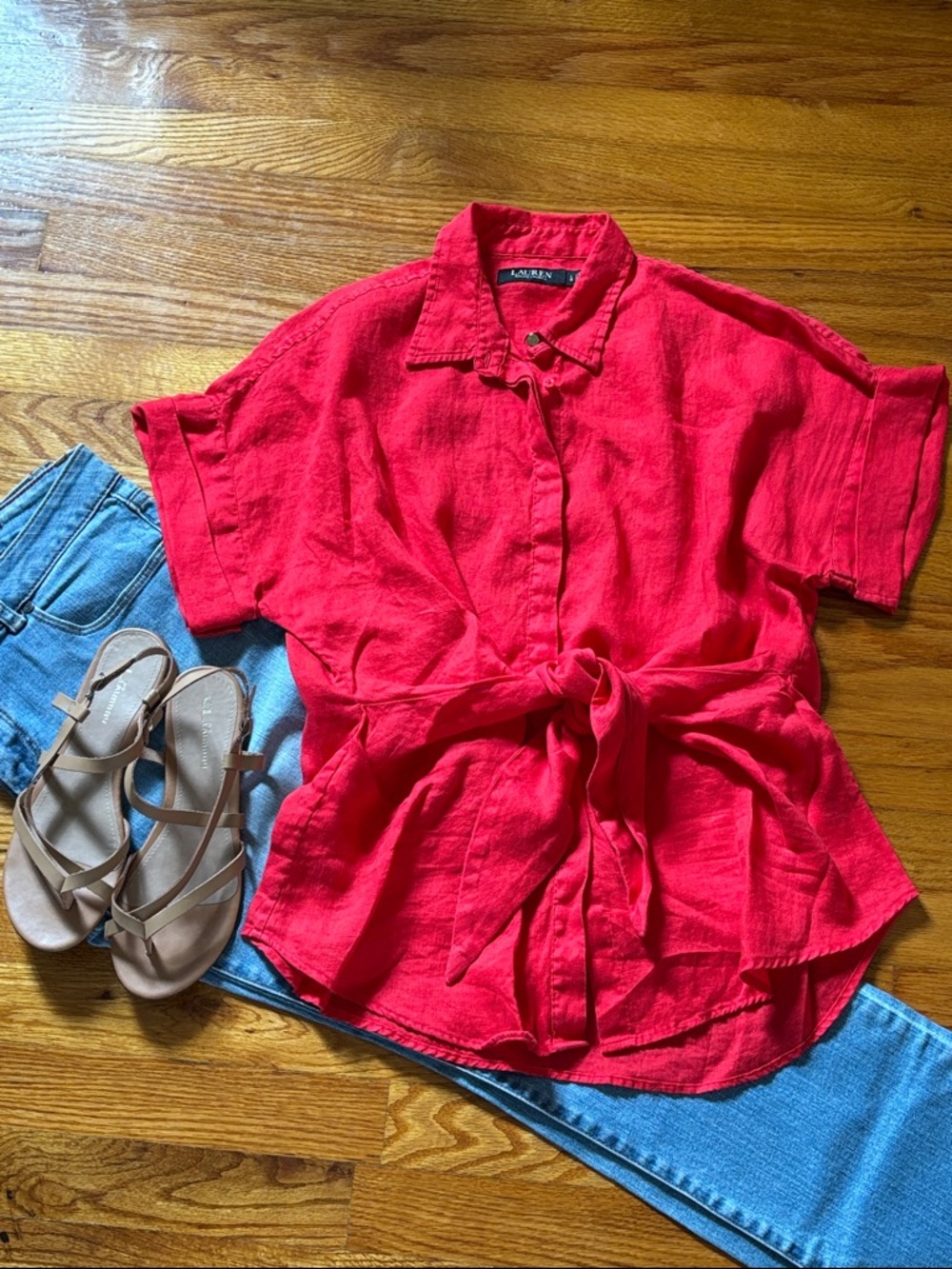 Lauren Red Linen SS Tie Front Button Down Blouse Ralph Lauren